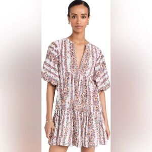 POUPETTE ST. BARTH Aria 100% Cotton Floral Summer Vneck Puff Midi Dress Size M/L